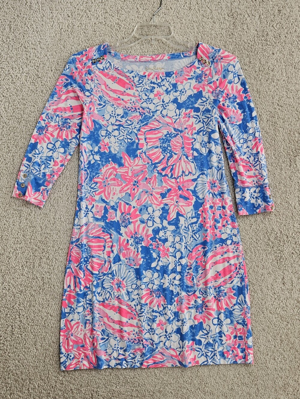 Lilly Pulitzer Sophie Dress Blue Pink Womens M 3/4 Sleeves Coastal Vacation Prep
